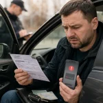 Водій із постановою про штраф за ПДР біля автомобіля та поліцейської машини