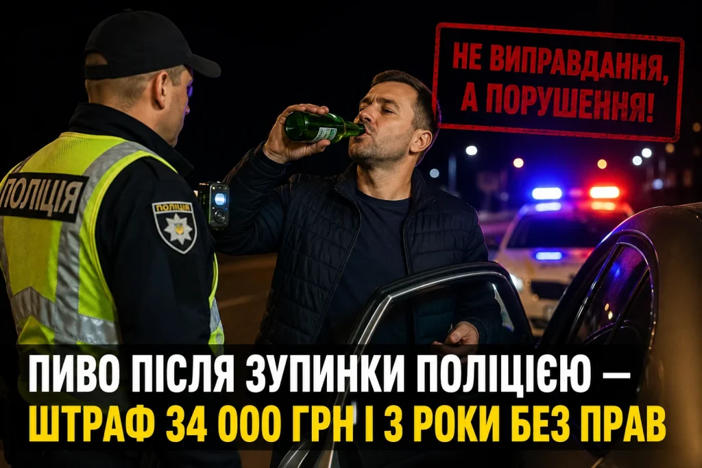 Водій п’є пиво після зупинки поліцією — штраф 34 000 грн і позбавлення прав на 3 роки