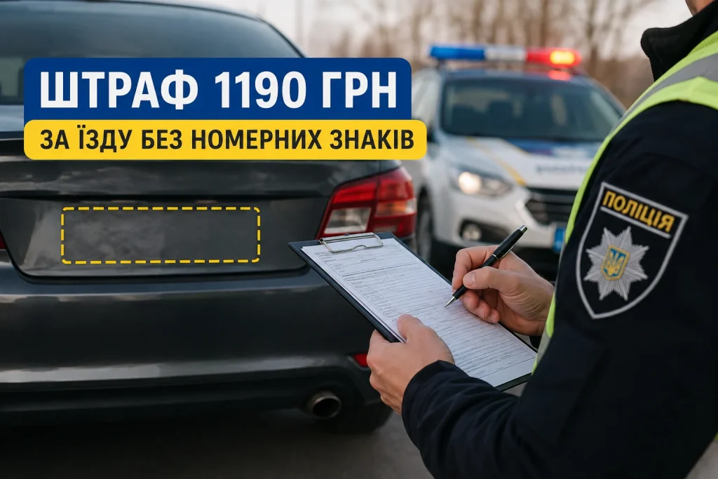 Автомобіль без номерного знака та поліцейський, який оформлює штраф