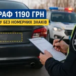 Автомобіль без номерного знака та поліцейський, який оформлює штраф