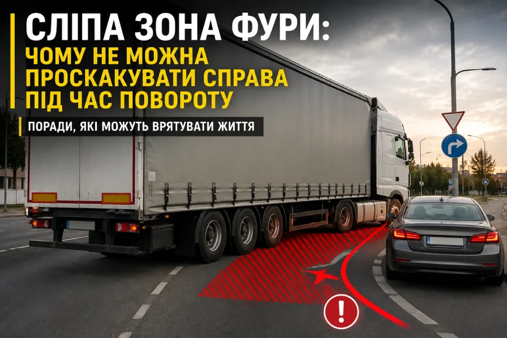 Сліпа зона фури під час повороту праворуч — легковик у небезпечній зоні