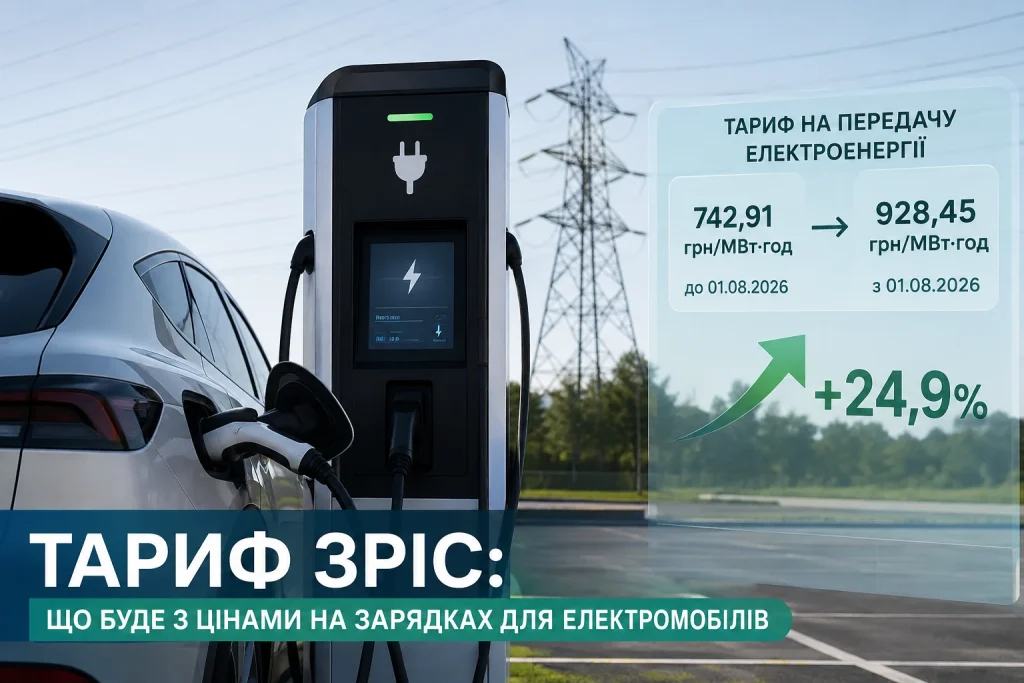 Електромобіль на зарядній станції після підвищення тарифу на передачу електроенергії в Україні