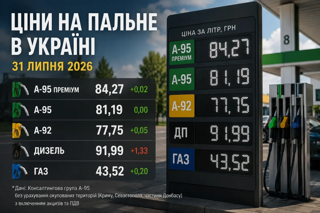 Ціни на бензин, дизель і автогаз в Україні станом на 31 липня 2026 року