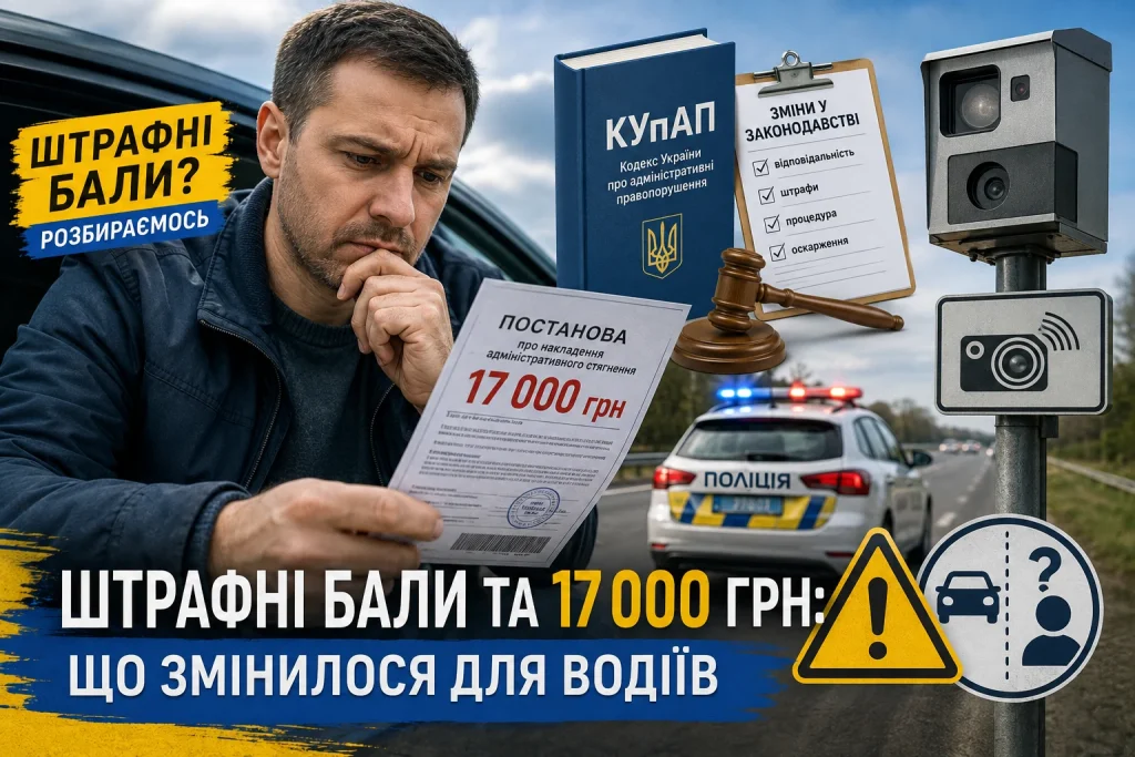 Водій читає постанову про штраф 17 000 грн на тлі камер автофіксації та поліцейського авто