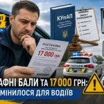 Водій читає постанову про штраф 17 000 грн на тлі камер автофіксації та поліцейського авто