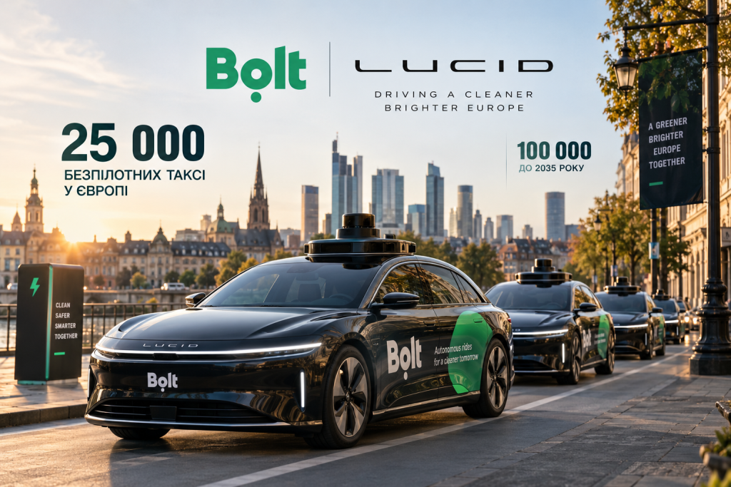 Безпілотні електромобілі Lucid у фірмовому оформленні Bolt на вулиці європейського міста