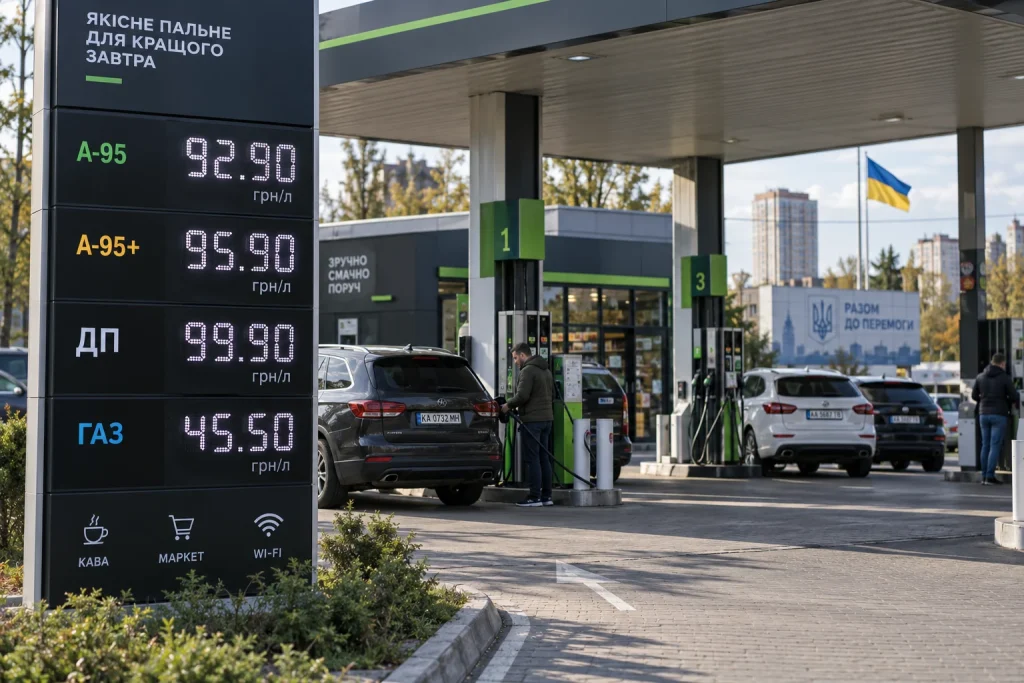 Сучасна АЗС в Україні з ціновим табло, на якому дизельне пальне коштує 99,90 грн за літр. Ілюстративне зображення.