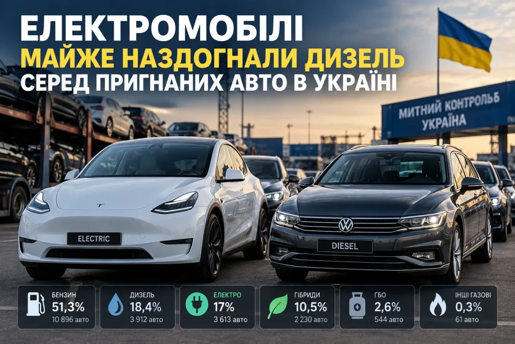 Електромобілі майже наздогнали дизель серед пригнаних авто в Україні