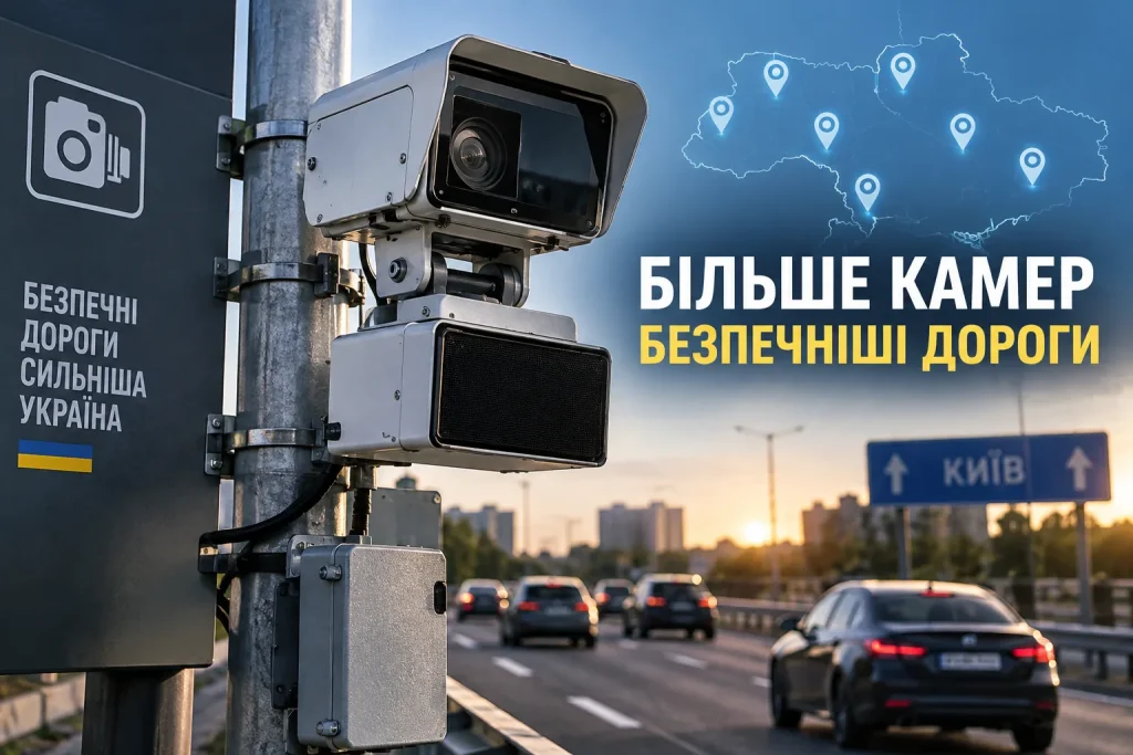 Камера автоматичної фіксації порушень ПДР на автомобільній дорозі в Україні на тлі транспортного потоку.