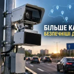 Камера автоматичної фіксації порушень ПДР на автомобільній дорозі в Україні на тлі транспортного потоку.