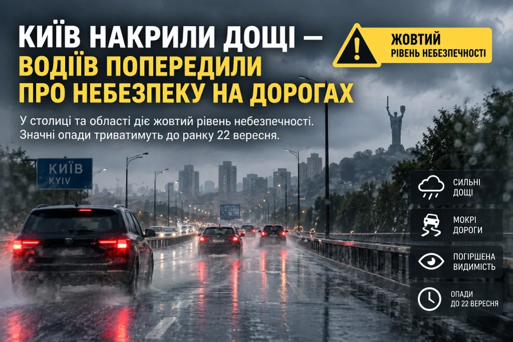 Автомобілі їдуть мокрою дорогою в Києві під сильною зливою. Ілюстративне зображення.