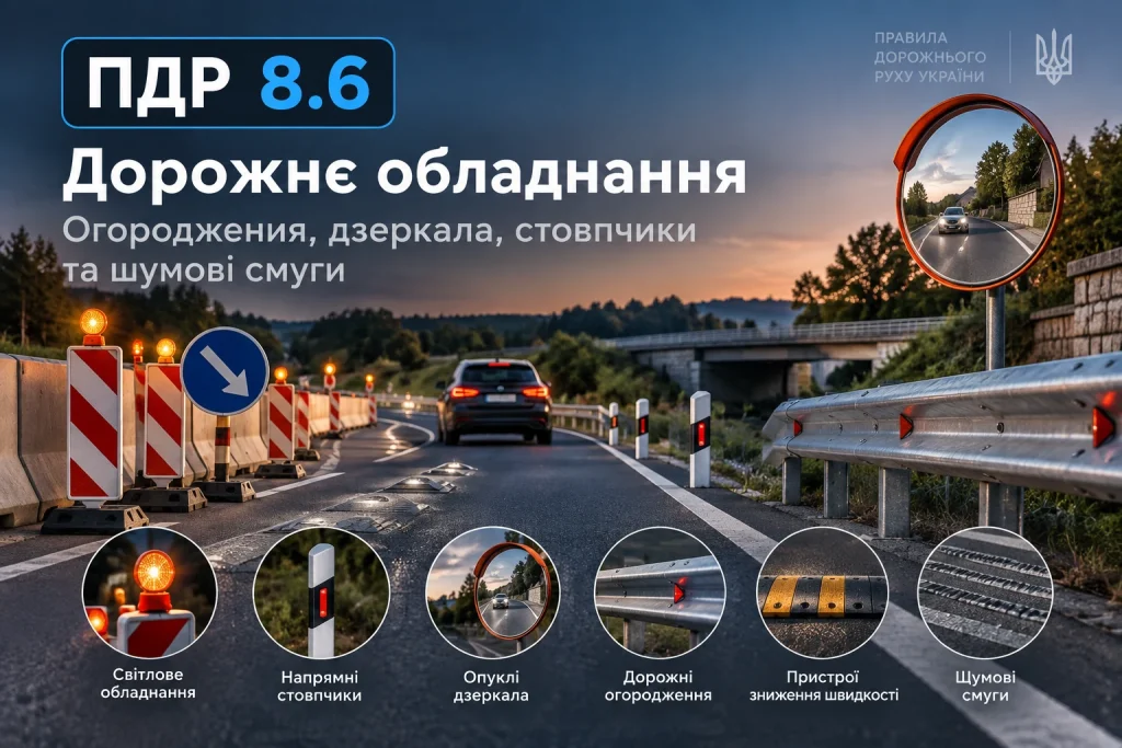 ПДР 8.6 — дорожнє обладнання, огородження, напрямні стовпчики, дзеркала та шумові смуги