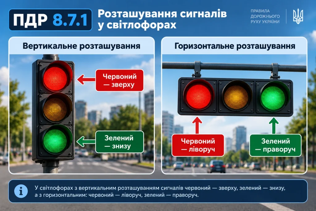 ПДР 8.7.1 — розташування сигналів світлофора, червоний зверху та зелений знизу