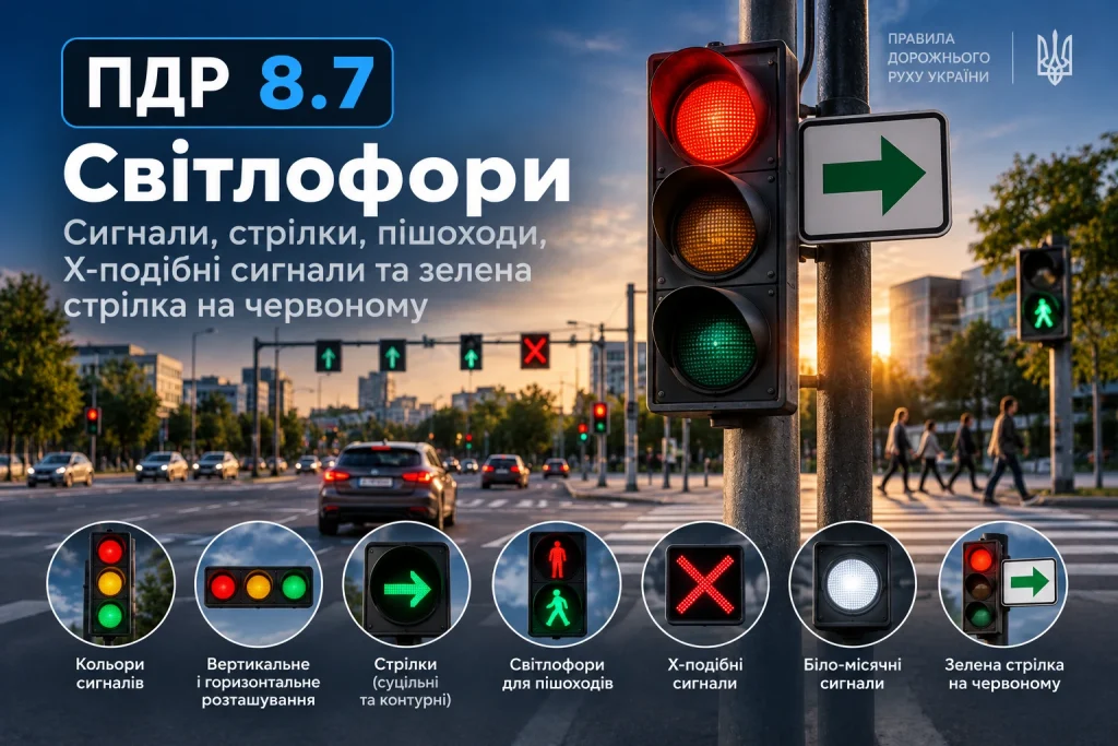 ПДР 8.7 — світлофори, сигнали, стрілки, пішохідні та Х-подібні сигнали