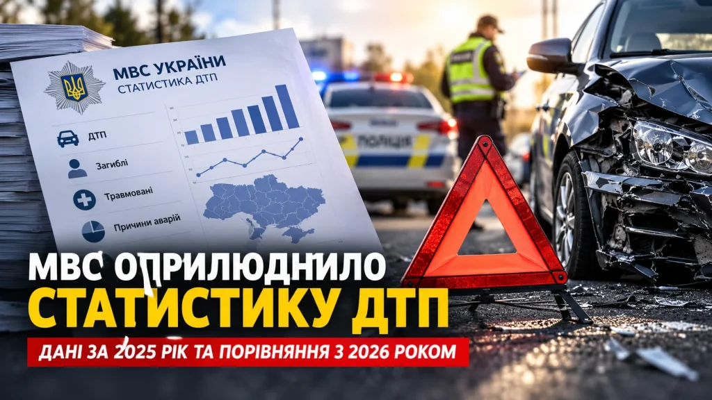 Пошкоджений автомобіль, знак аварійної зупинки та поліцейське авто на дорозі — статистика ДТП в Україні за 2025 рік і порівняння з 2026 роком.