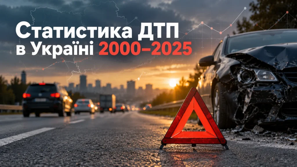 Пошкоджений автомобіль та знак аварійної зупинки на дорозі — статистика ДТП в Україні за 2000–2025 роки.