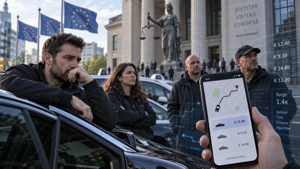 Водії Uber біля будівлі суду в Європі на тлі автомобілів і смартфона з тарифами поїздок.