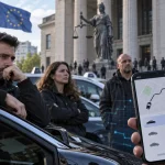Водії Uber біля будівлі суду в Європі на тлі автомобілів і смартфона з тарифами поїздок.