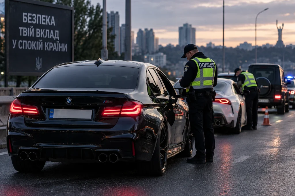 Поліція перевіряє дорогий спортивний автомобіль на дорозі в Україні