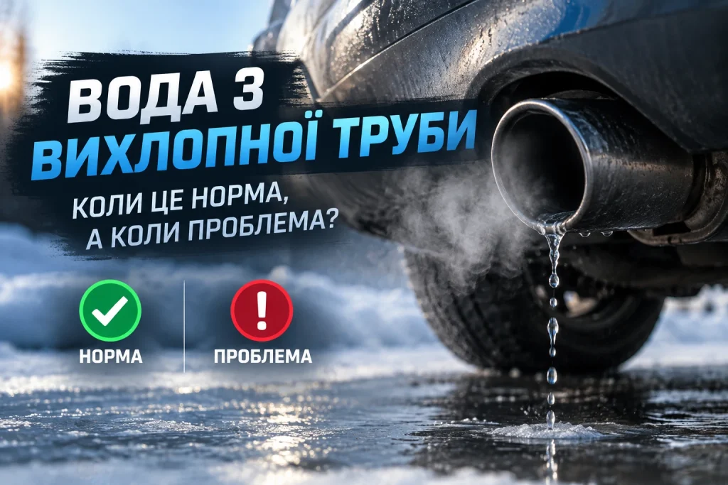 Вода капає з вихлопної труби автомобіля в холодну погоду