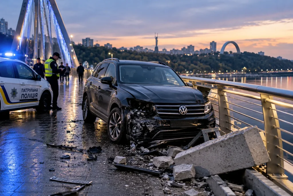 Пошкоджений Volkswagen на пішохідному мосту в Києві після ДТП, поруч патрульна поліція та уламки автомобіля. Ілюстративне зображення.