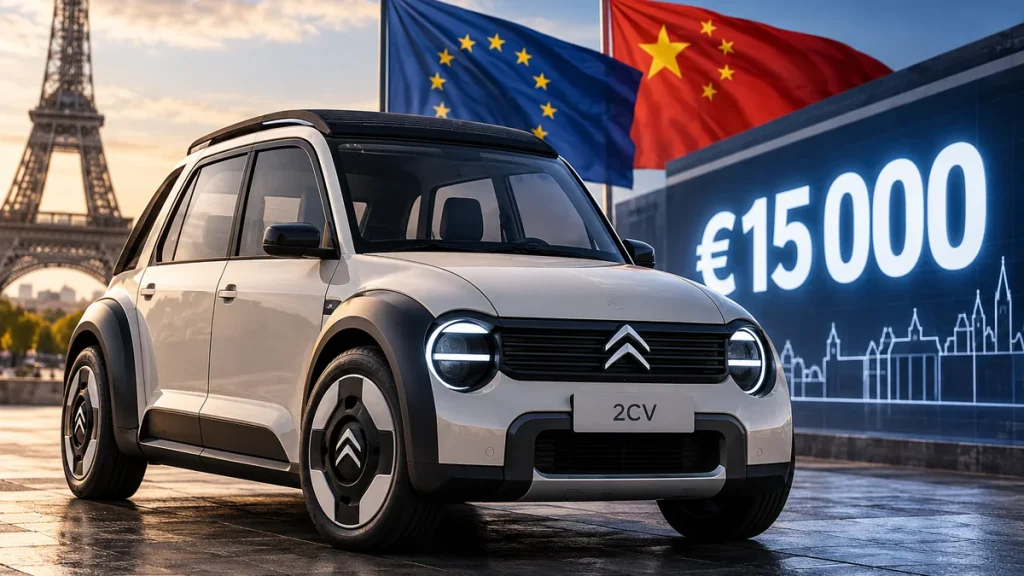 Електричний Citroën 2CV на тлі Ейфелевої вежі, прапорів ЄС і Китаю та ціни 15 000 євро.
