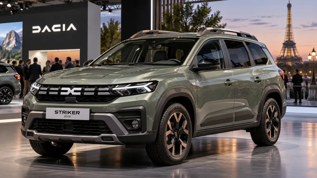 Новий кросовер Dacia Striker 2026 на Паризькому автосалоні — автомобіль у сіро-зеленому кольорі.