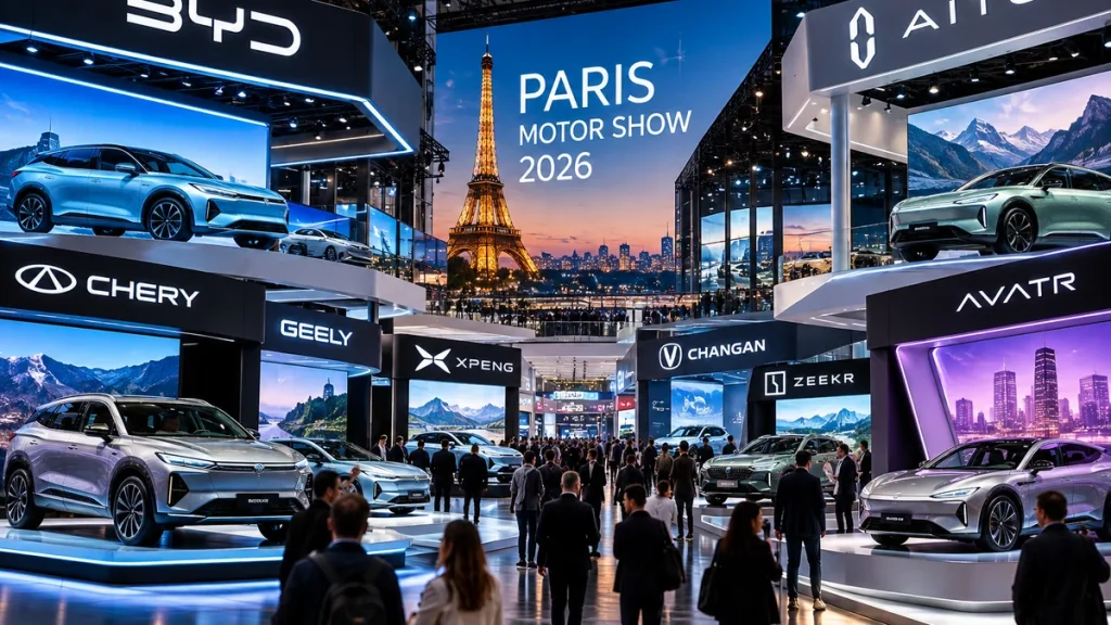 Китайські електромобілі BYD, Chery, Geely, Aito та Avatr на виставкових стендах Паризького автосалону 2026 року.