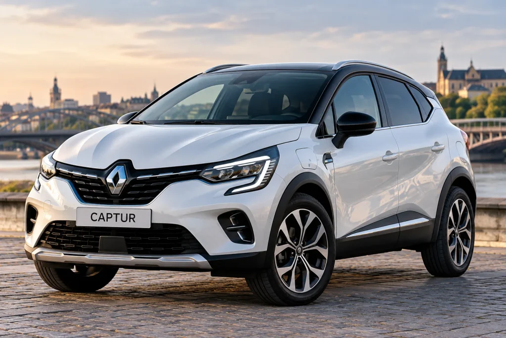 Білий Renault Captur E-Tech Plug-in Hybrid 2020 року з чорним дахом на набережній європейського міста, вигляд спереду та збоку.