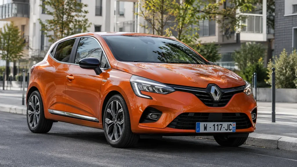 Помаранчевий Renault Clio E-Tech Hybrid 2020 п’ятого покоління на міській вулиці, вигляд спереду та збоку.