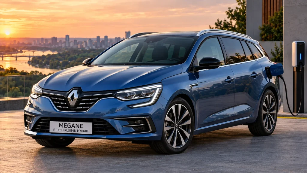 Синій Renault Mégane E-Tech Plug-in Hybrid 2020 у кузові універсал на зарядній станції, вигляд спереду та збоку.