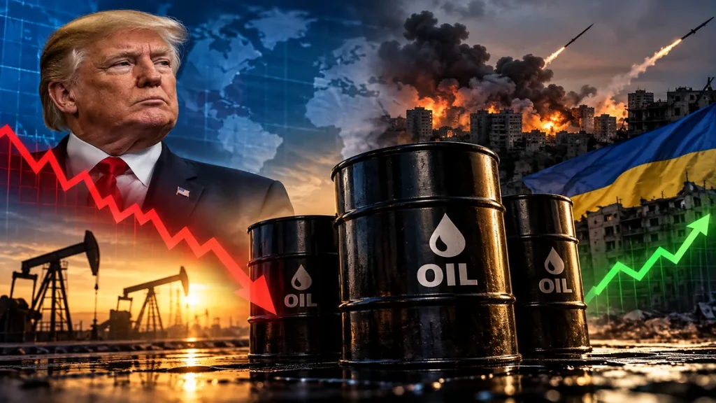 Дональд Трамп на тлі нафтових барелів, біржових графіків і війни в Україні — коливання світових цін на нафту у 2026 році.