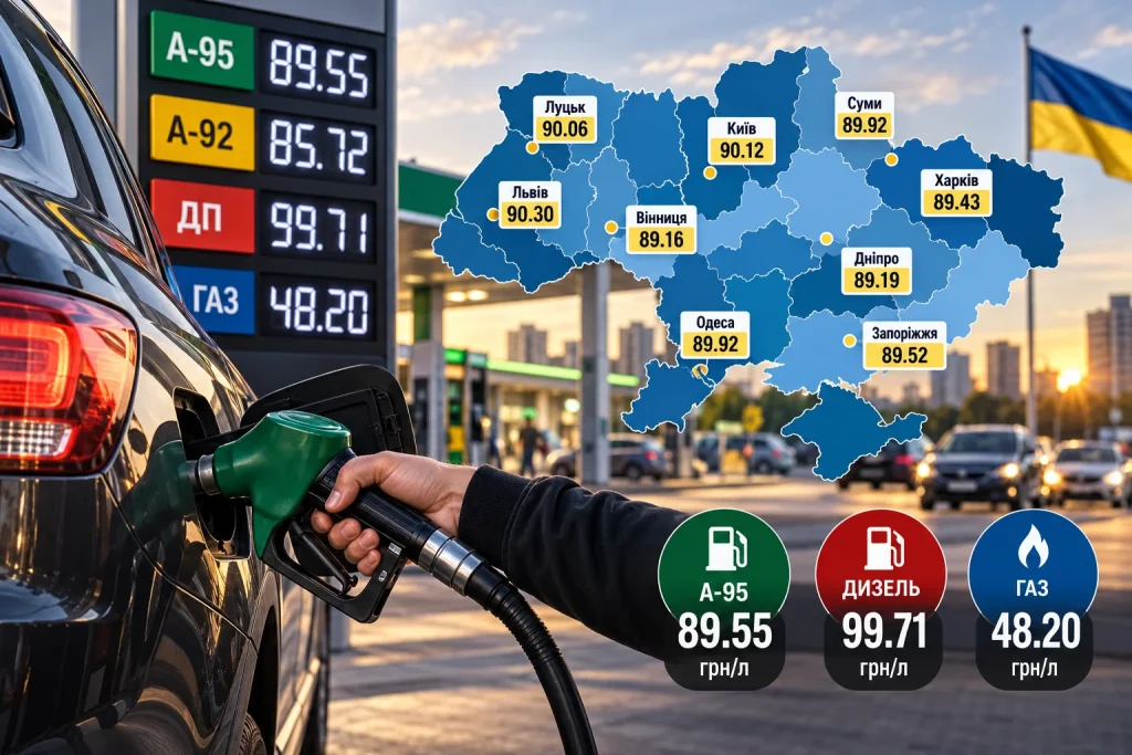 Ціни на пальне в Україні у жовтні 2026 року — бензин А-95, дизель та автогаз на АЗС, порівняння вартості за регіонами.