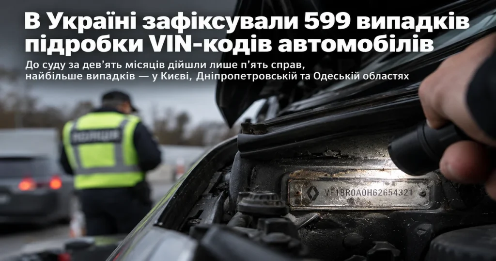 Перевірка VIN-коду автомобіля поліцією в Україні на тлі 599 зареєстрованих випадків підробки номерів у 2026 році.