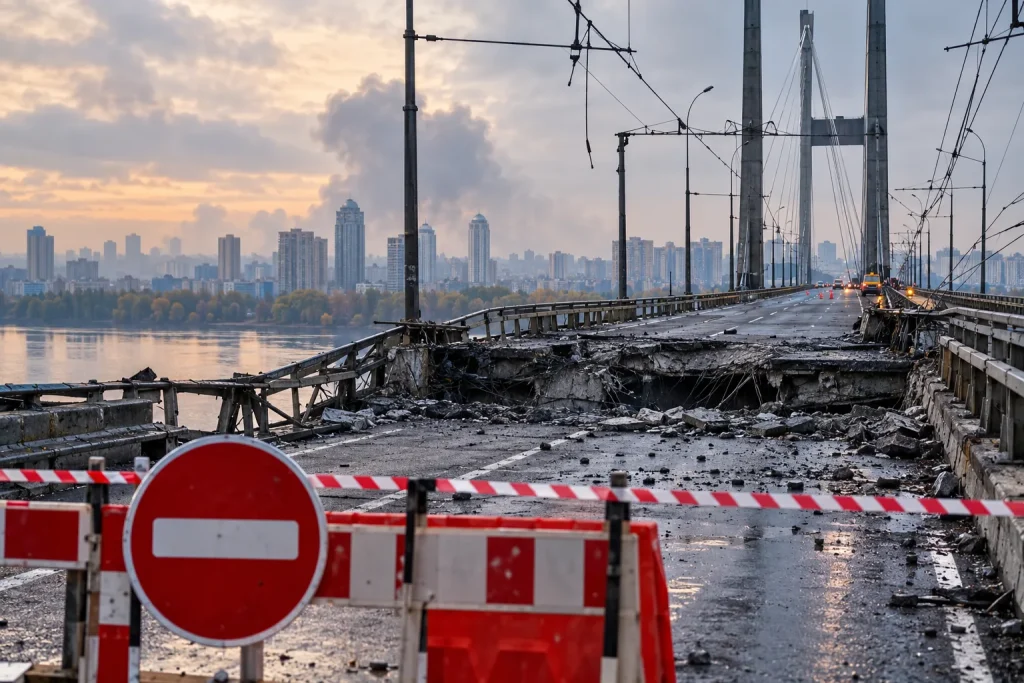 Пошкоджений Північний міст у Києві після атаки та перекритий рух