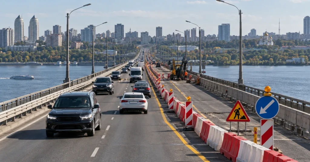 Обмеження руху на мосту через Дніпро через дорожні роботи та звуження проїзної частини