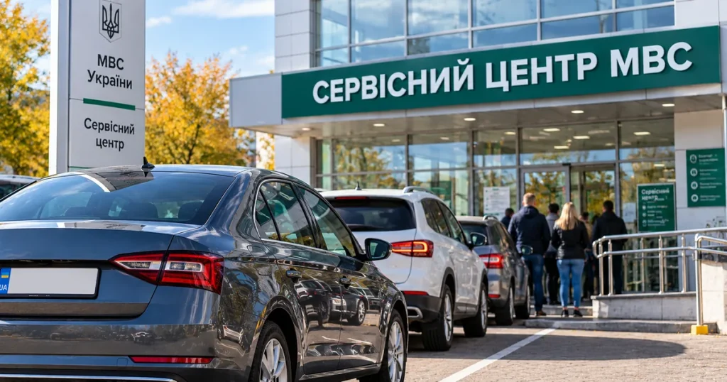 Автомобілі біля сервісного центру МВС України під час тимчасового призупинення переоформлення транспортних засобів
