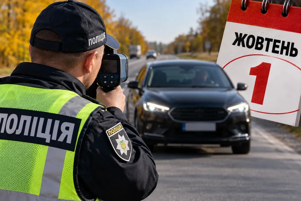 Поліцейський контролює автомобіль із увімкненими фарами на трасі 1 жовтня