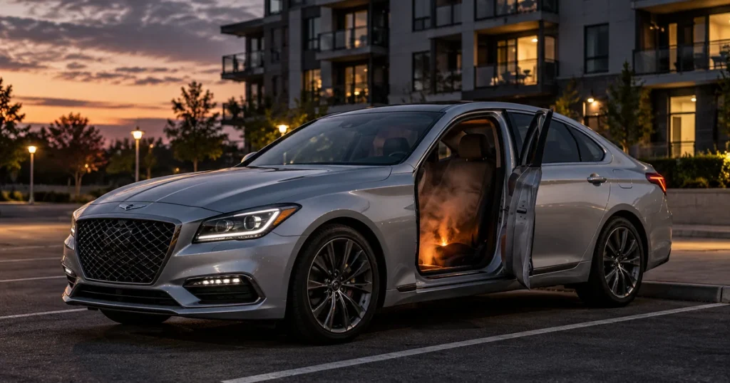 Сріблястий седан Genesis G80 із відчиненими передніми дверима, димом і полум’ям у салоні біля водійського сидіння.